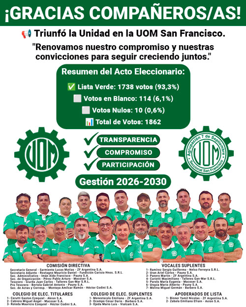 Comunicado Oficial: Resultados de las Elecciones de Comisión Directiva - UOM Seccional San Francisco